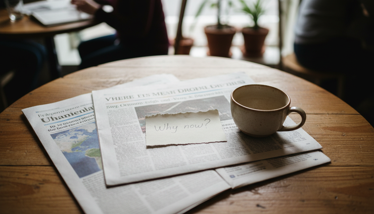 Overhead view of printed newspapers and handwritten story notes on a wooden table.