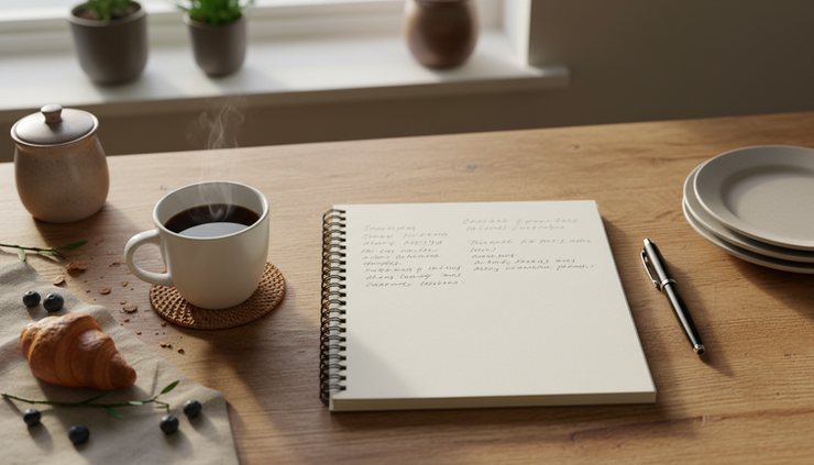 Overhead view of a notebook on a wooden breakfast table with handwritten story notes and a mug.