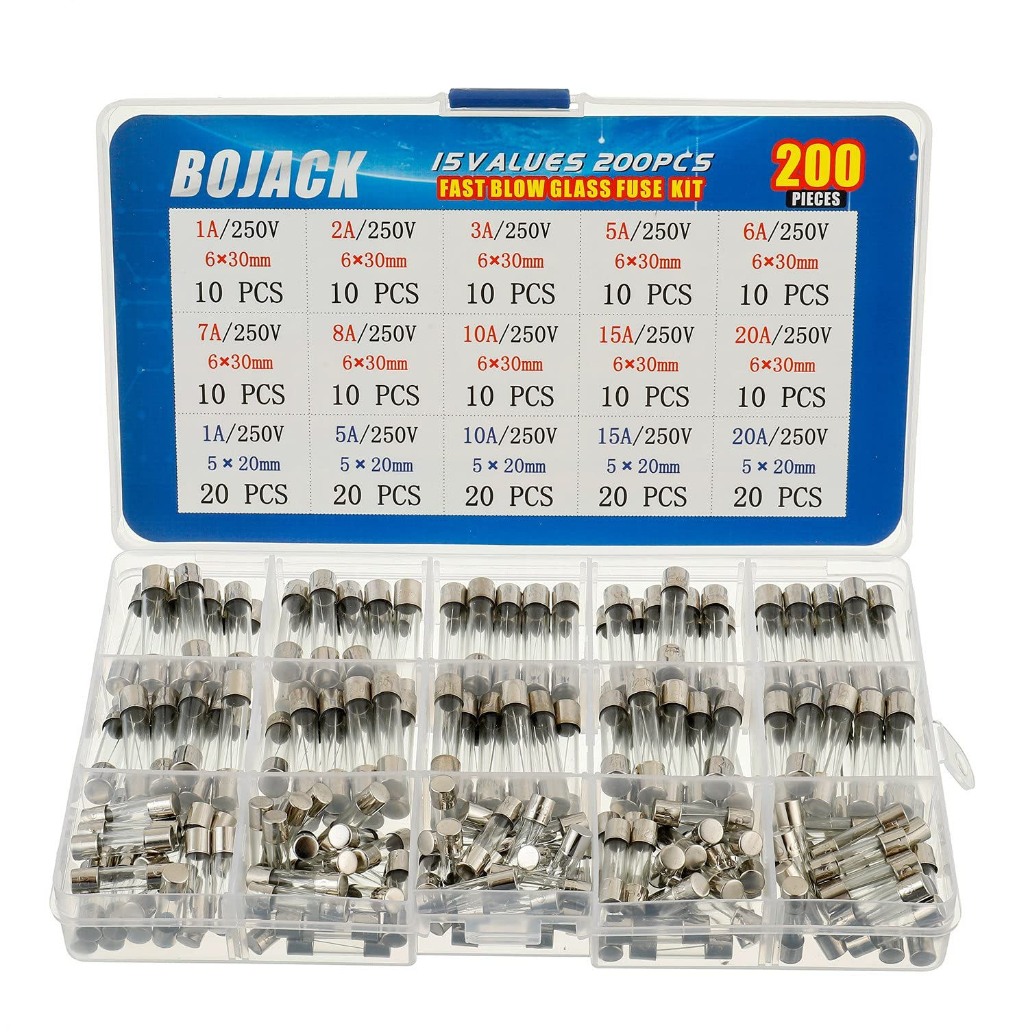 BOJACK 15 Values 200 pcs Fast-Blow Glass Fuses Assortment Kit 5x20mm 250V 1 5 1