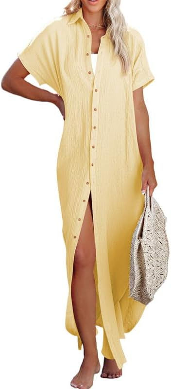 Thumbnail: Dokotoo Womens Casual Short Sleeve Side Split Button Down Long Kimonos Cardigan