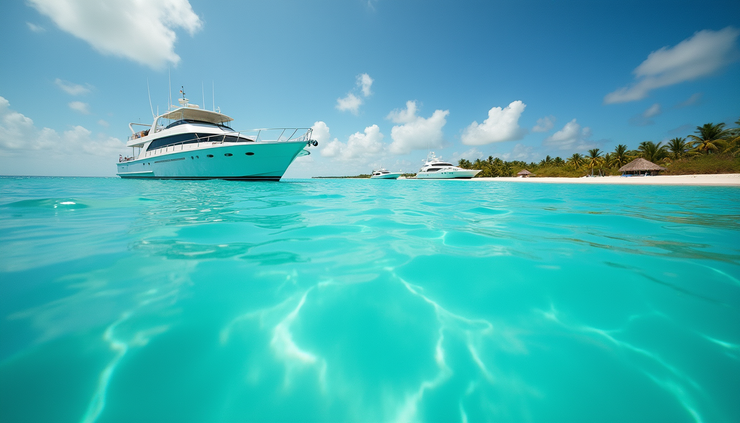 Eye-level view of Bimini's turquoise coastline with boats anchored near the shore