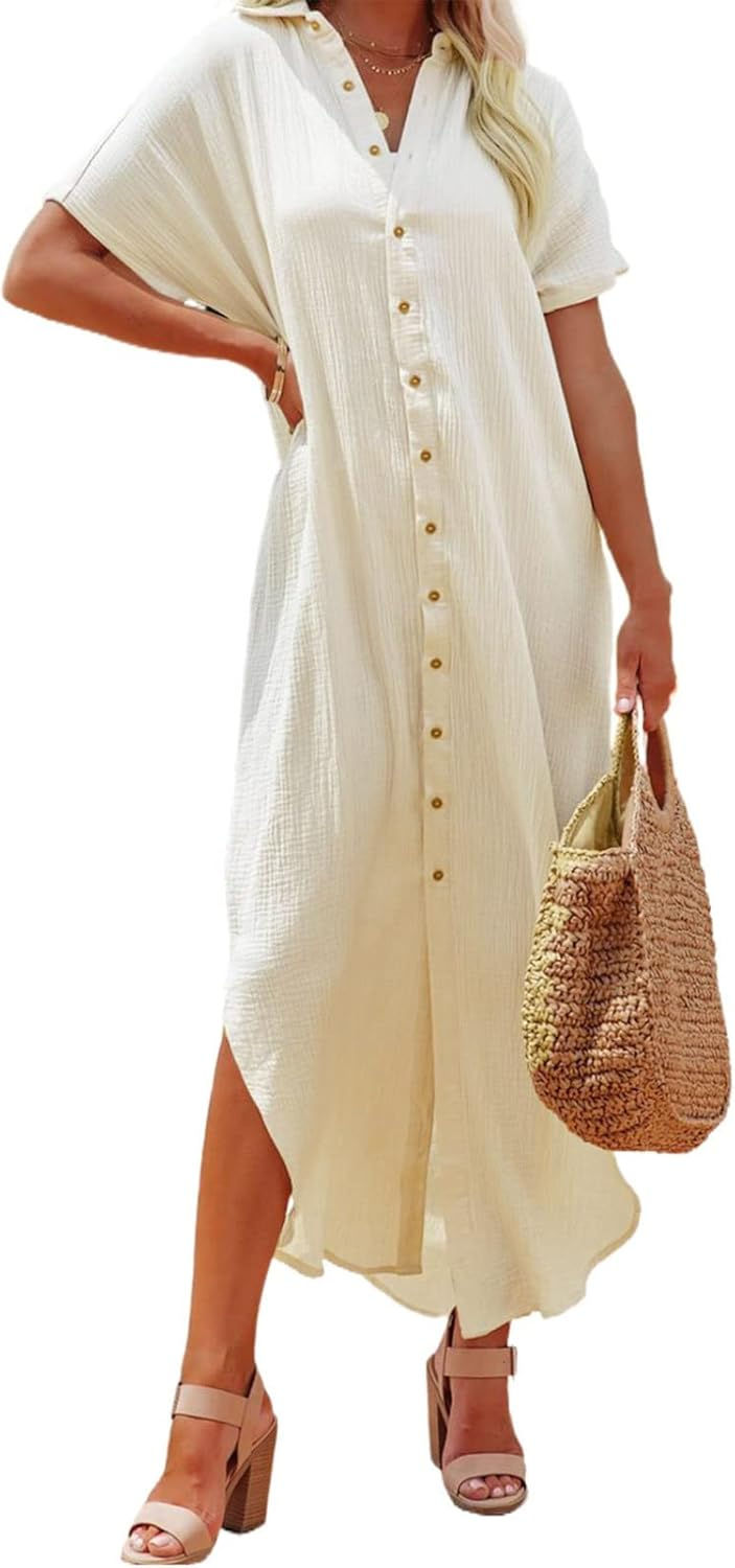 Thumbnail: Dokotoo Womens Casual Short Sleeve Side Split Button Down Long Kimonos Cardigan