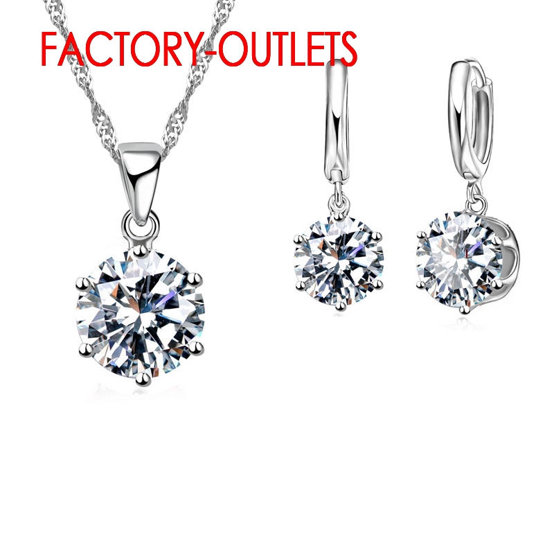 925 Sterling Silver Fashion Jewelry Set Classic 6 Claws Crystal Necklaces Hoop