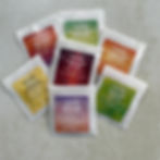 Seven herbal tea samples in compostable teabags, individually wrapped in glassine envelopes - Magical Forest Mornings, Rise & Sunshine, Dappled Light, Autumn on Wye, Campfire Glow, Mellow Meadow, Sugarloaf Sunsets