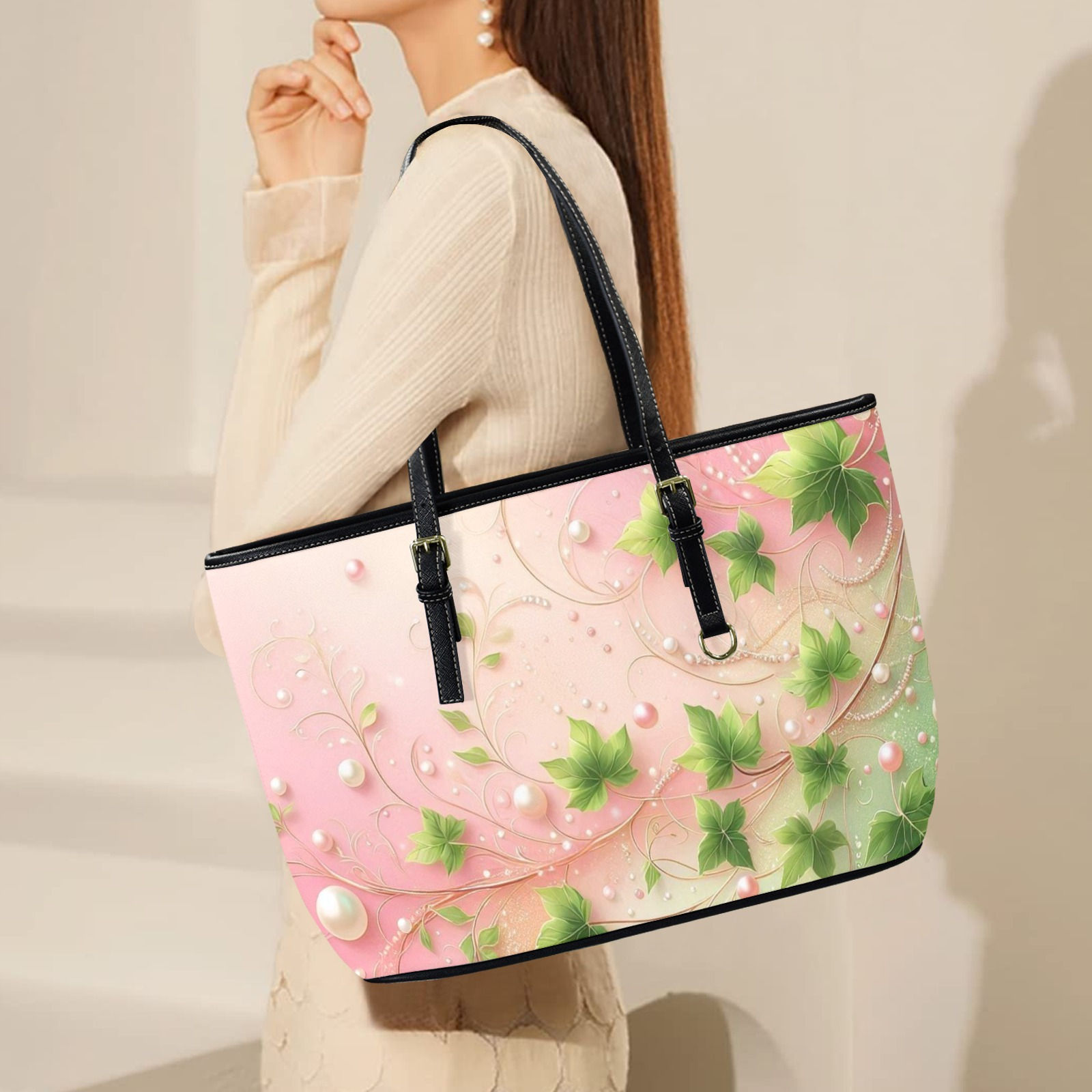 Ivies & Pearls Leather Tote Bag-Large