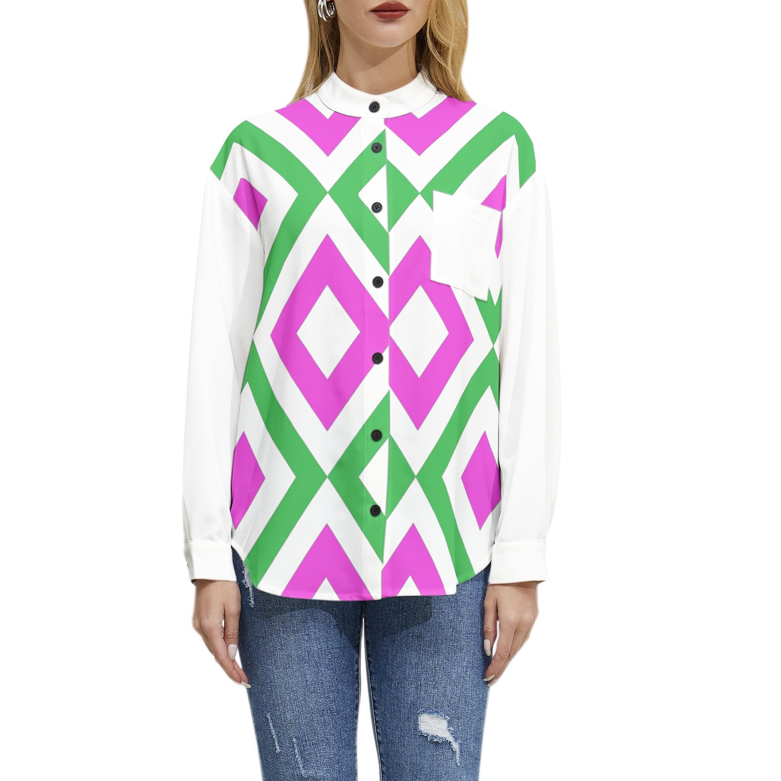Pink & Green Geometric Long Sleeve Button Up Casual Shirt Top