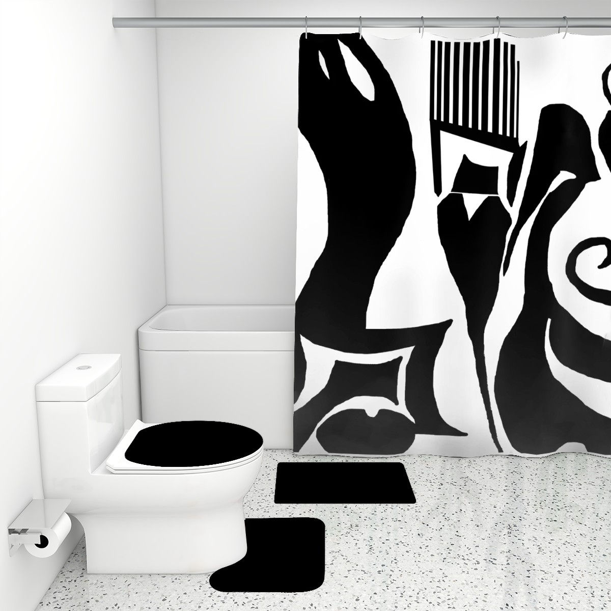 Black & White African Abstract Bathroom Rugs Set with Shower Curtain 4 pcs
