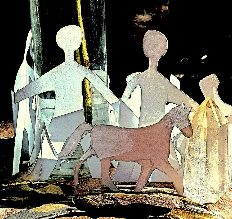 This image shows a still life collage of paper cut outs of people and a horse