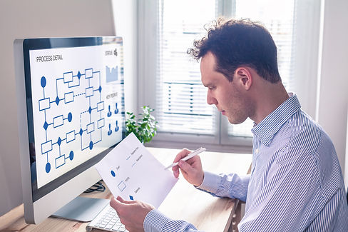 Businessman or engineer working on business process automation or algorithm with flowchart