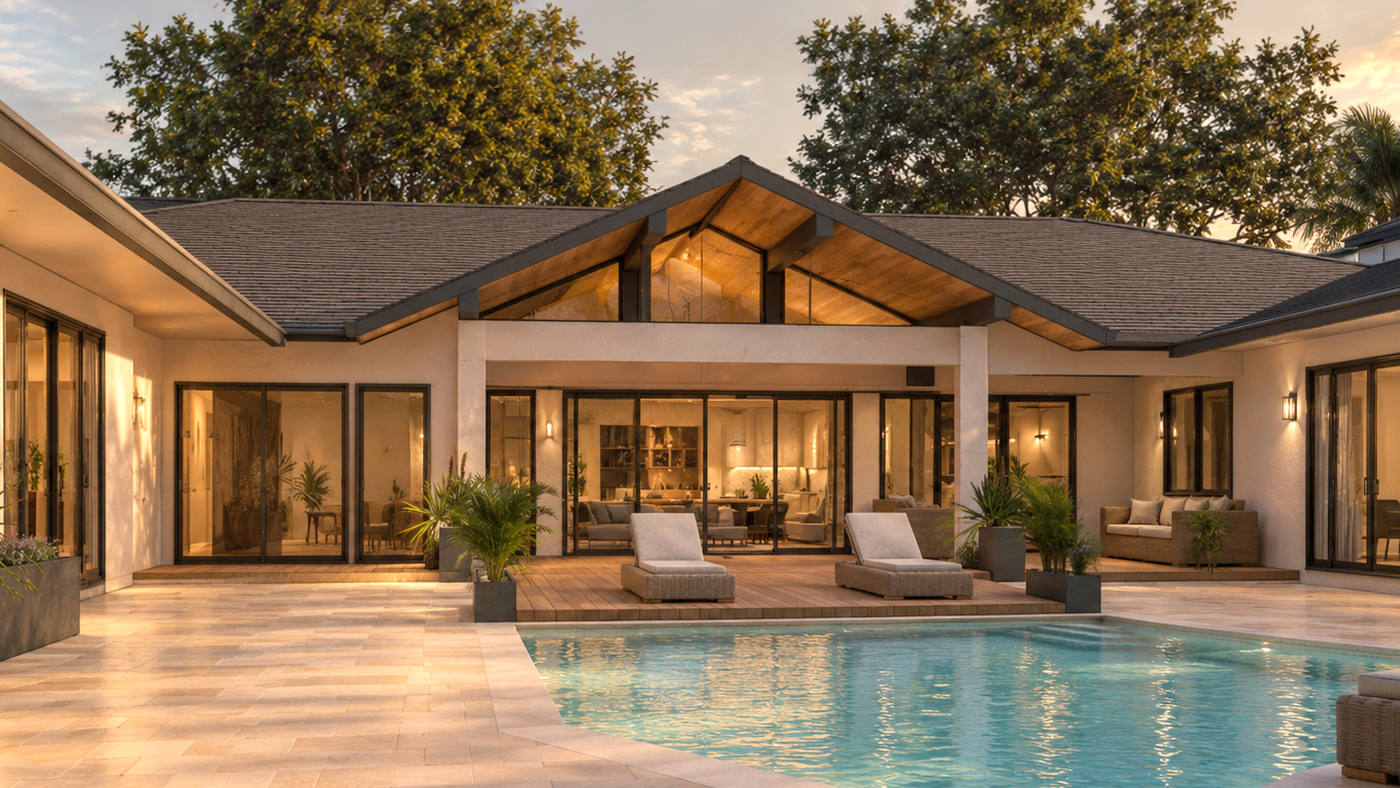 Cocoplum Residence — covered terrace opening to the pool