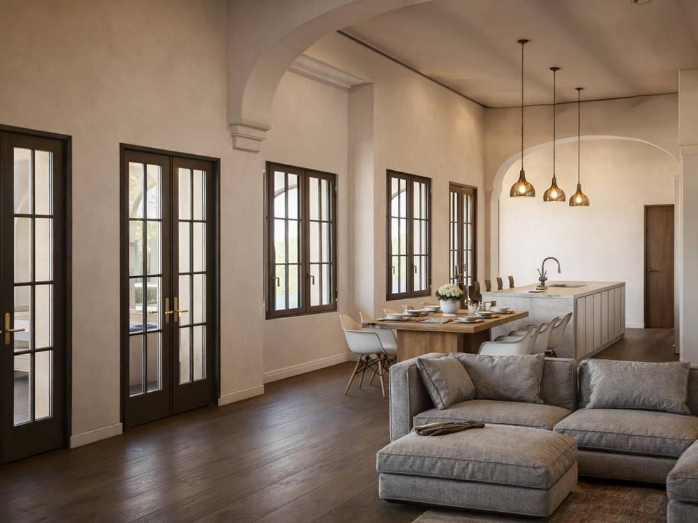 Verga Residence — living and dining room with French doors