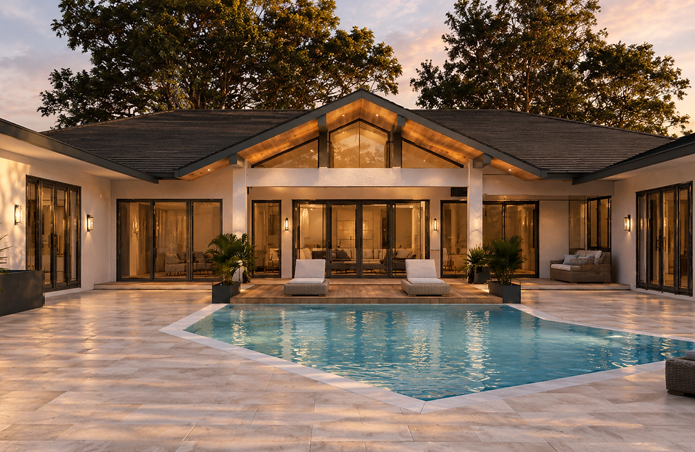 Remodeled pool deck with stone paving and folding glass walls opening to interior living spaces