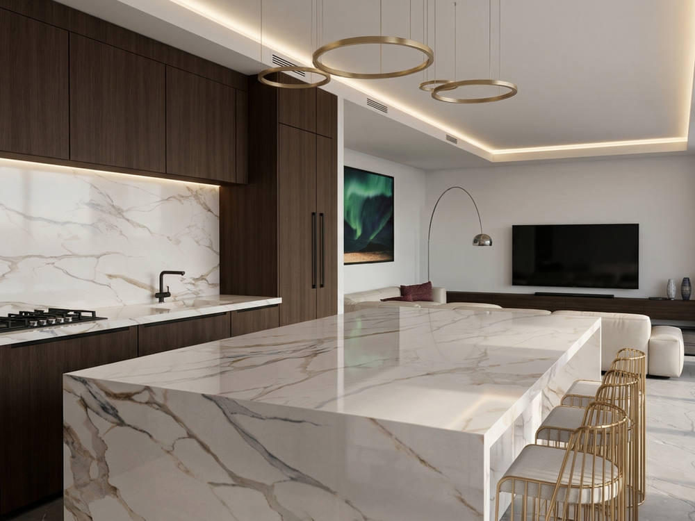 2000 S. Ocean Blvd. — kitchen with stone island and cove lighting