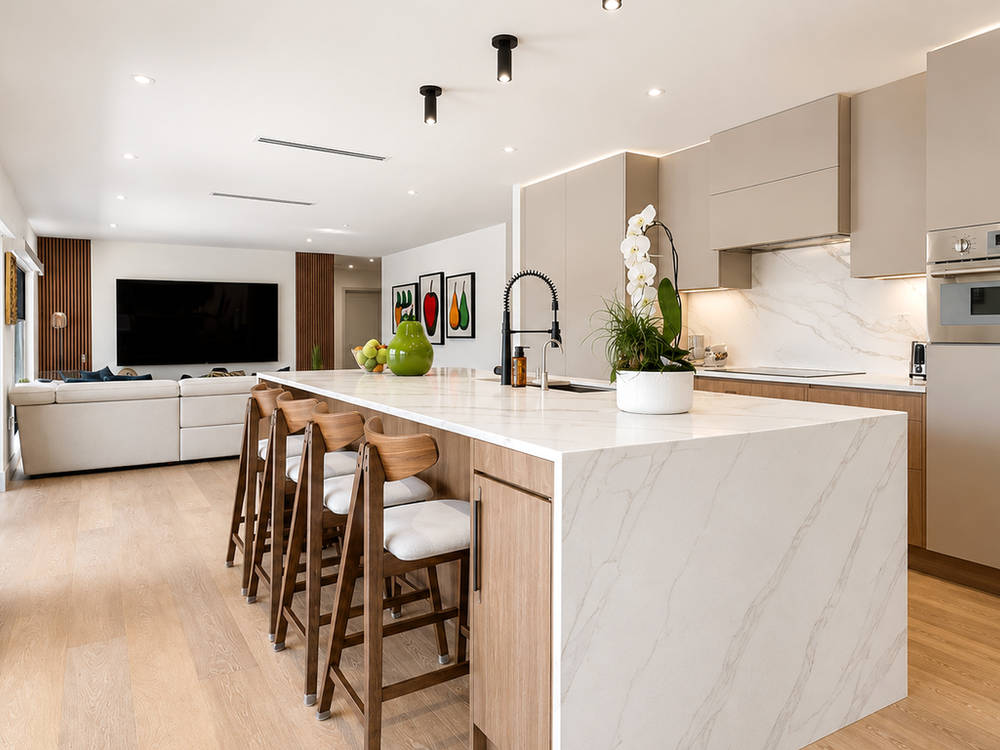 Lugo Residence — kitchen with waterfall island