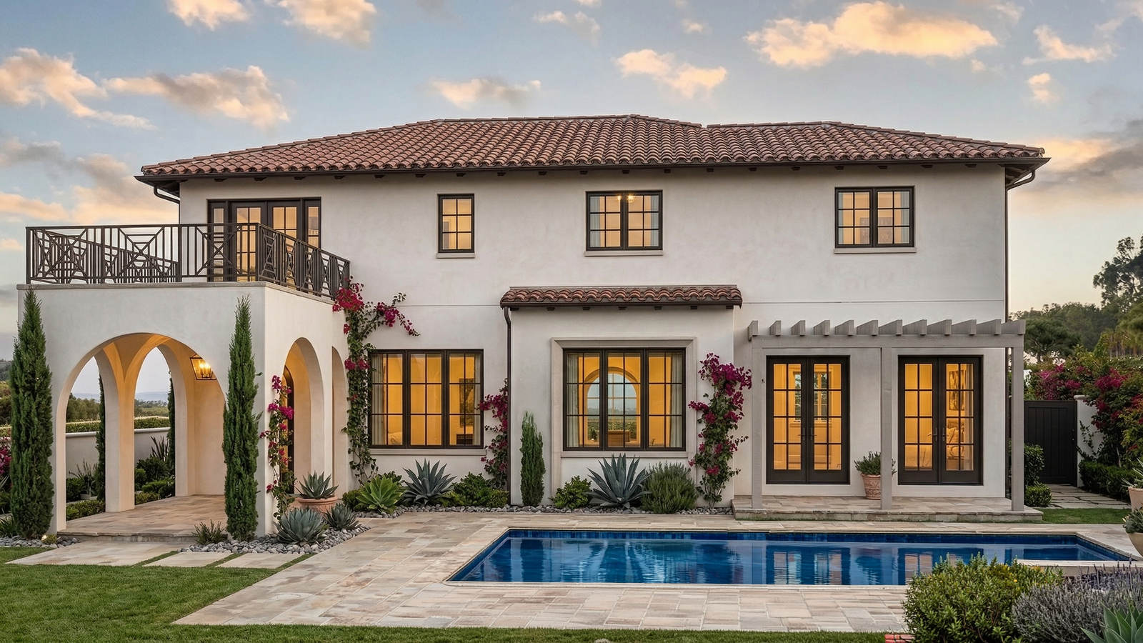Verga Residence — rear elevation with arched loggias and travertine pool terrace