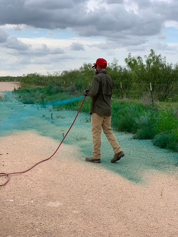 Tejas Pest and Weed Control technician treating ground near West Texas shrubs and trees for Big Spring TX tree care