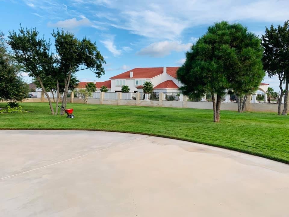 Wide residential West Texas lawn with a red walk-behind spreader on the grass, concrete driveway, and white house with clay-tile roof and evergreen under a bright sky - Tejas Pest and Weed Control lawn care