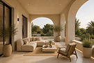 Furnished lounge with arched windows in corporate accommodation