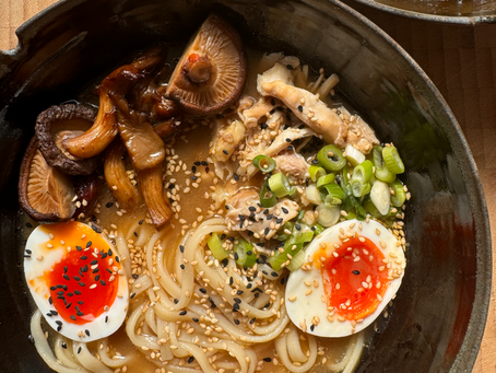 Ramen with Chicken, soft boiled egg, caramelised mushrooms.
