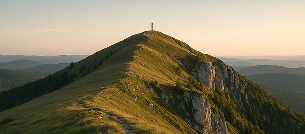 Sommet du Haut-Jura avec croix et panorama de montagne au coucher du soleil
