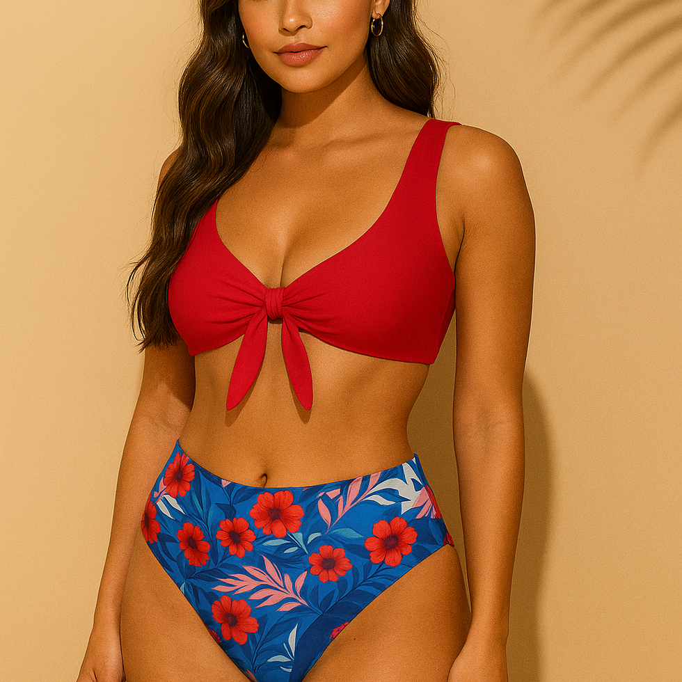 High waist floral bikini with red knot top and tropical print bottom, flattering retro style swimwear for beach and resort va