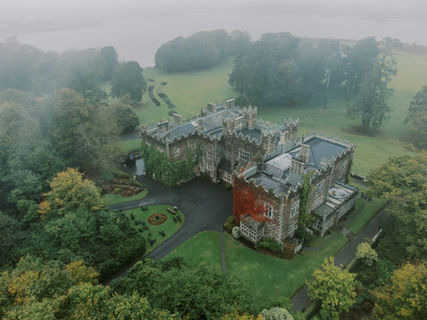 Aerial view of Waterford Castle and its wedding grounds in Ireland