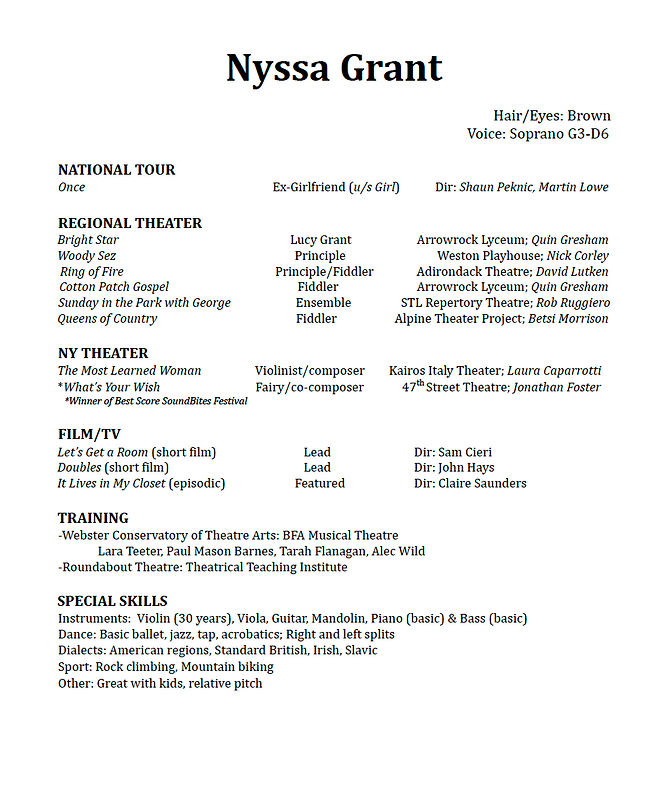 A theater resume with a white background and black type font