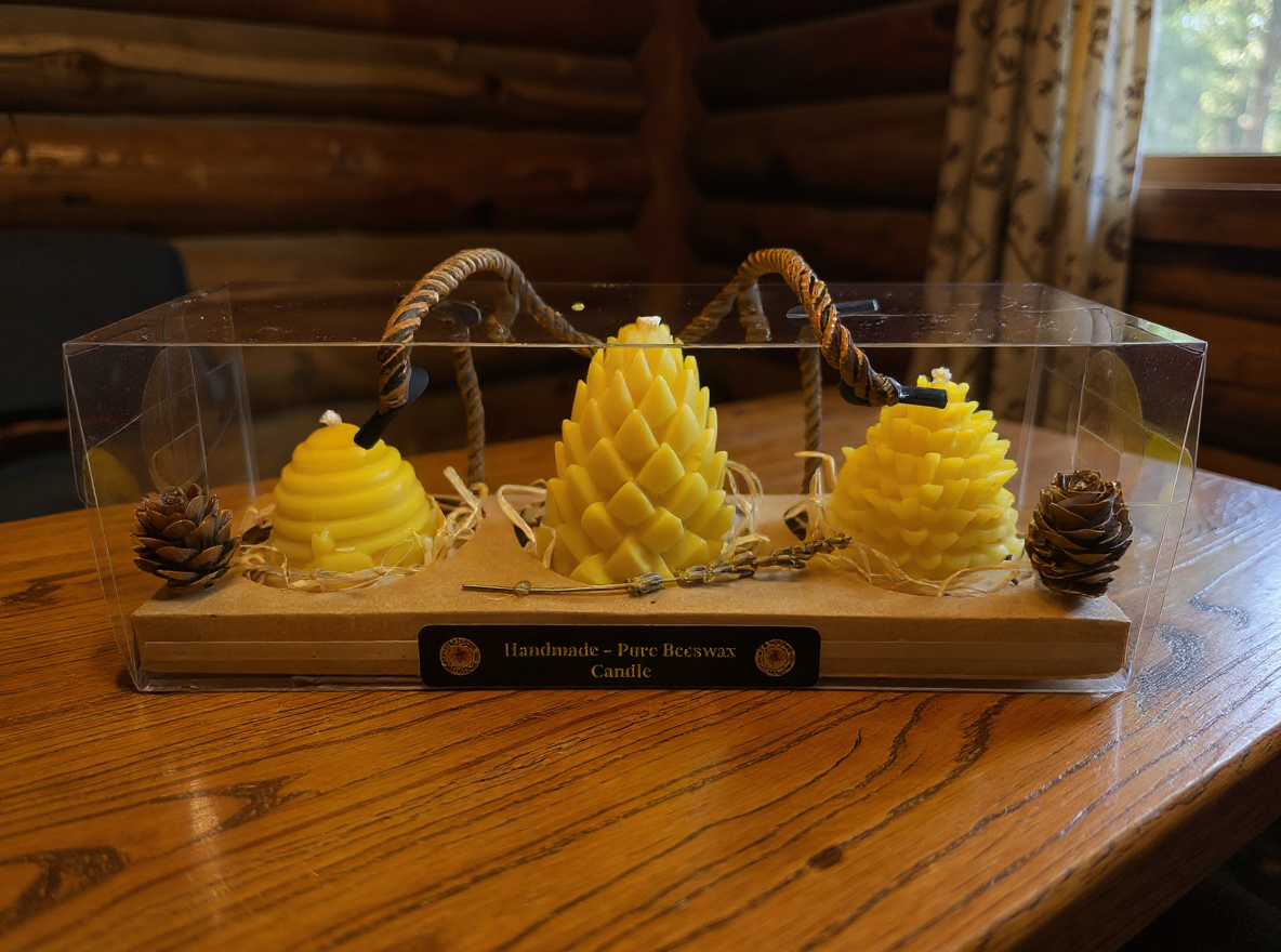Beeswax Pine Cone & Beehive Candle Set