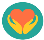 לב אדום בין כפות ידיים צהובות על רקע ירוק עגול. מתי