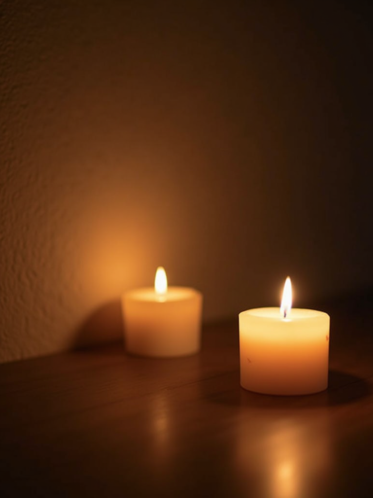 A serene and quiet space featuring a single candle and a notepad.