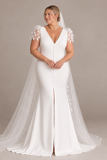 Front view of a plus-size bride in an ivory wedding dress with a V-neckline and leaf-appliqué sleeves