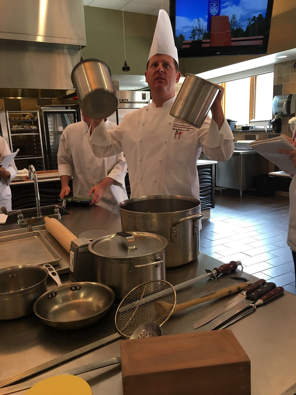 Here's Chef showing us the different varieties of pots that are available to use.