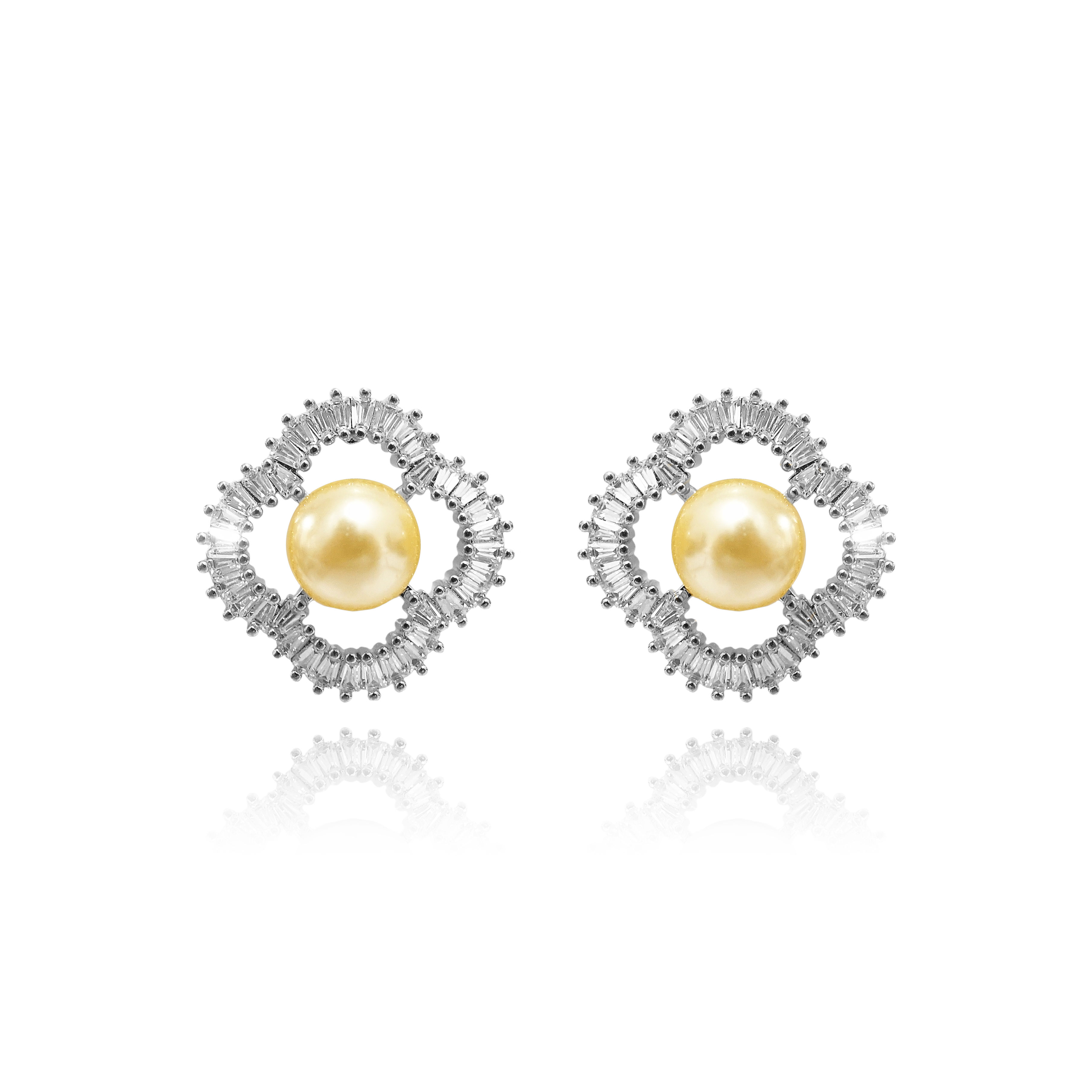 Rhodium Clover Halo Champagne Pearl Earrings AJDEJ0677R