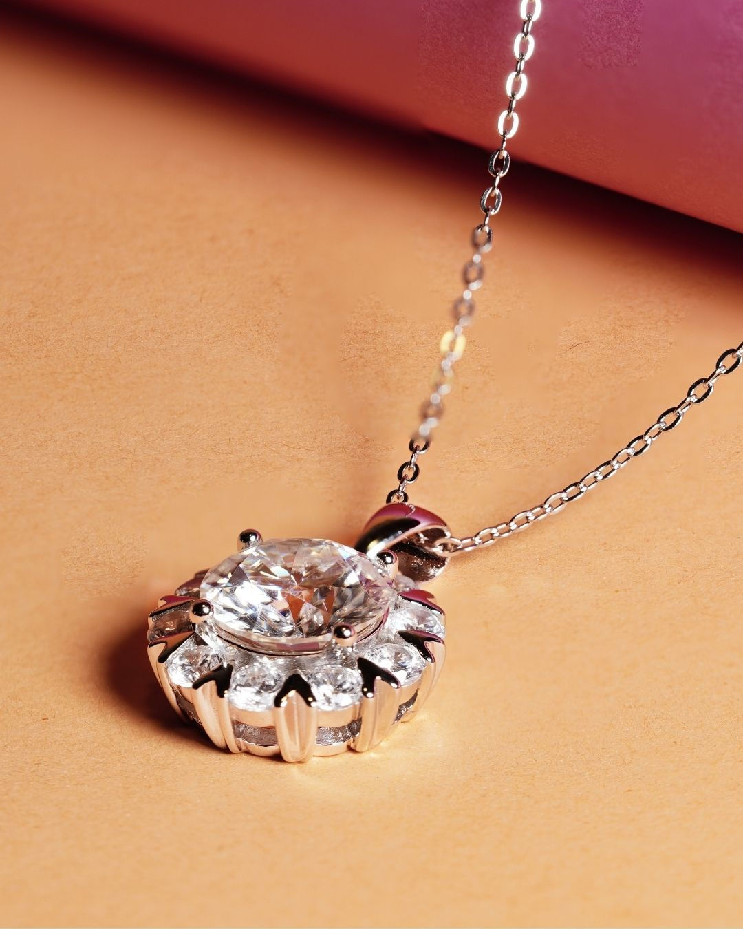 Round Sunburst Moissanite Pendant Necklace HELET0028R