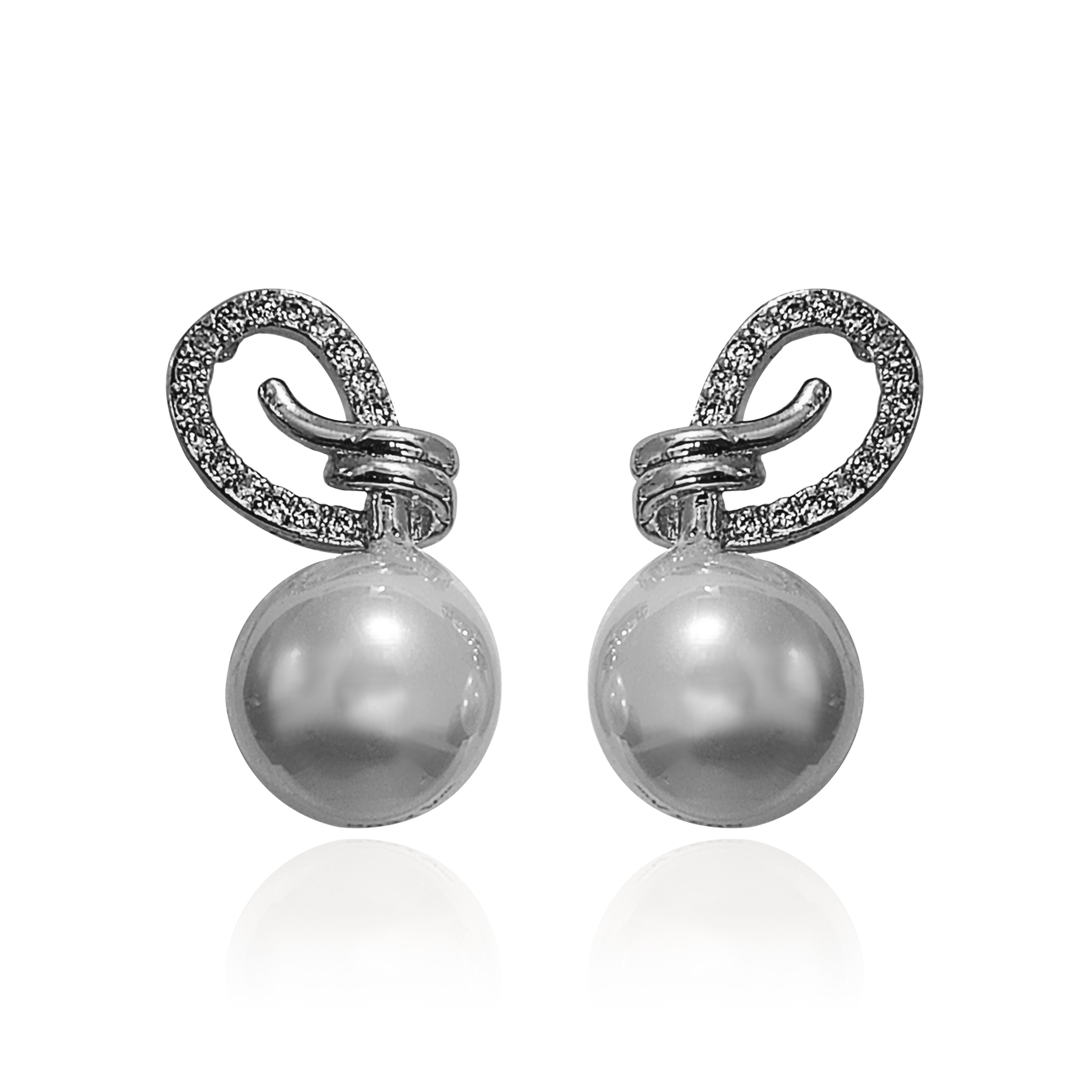 Rhodium Leaf Pearl Stud Earrings AJDDA0408B