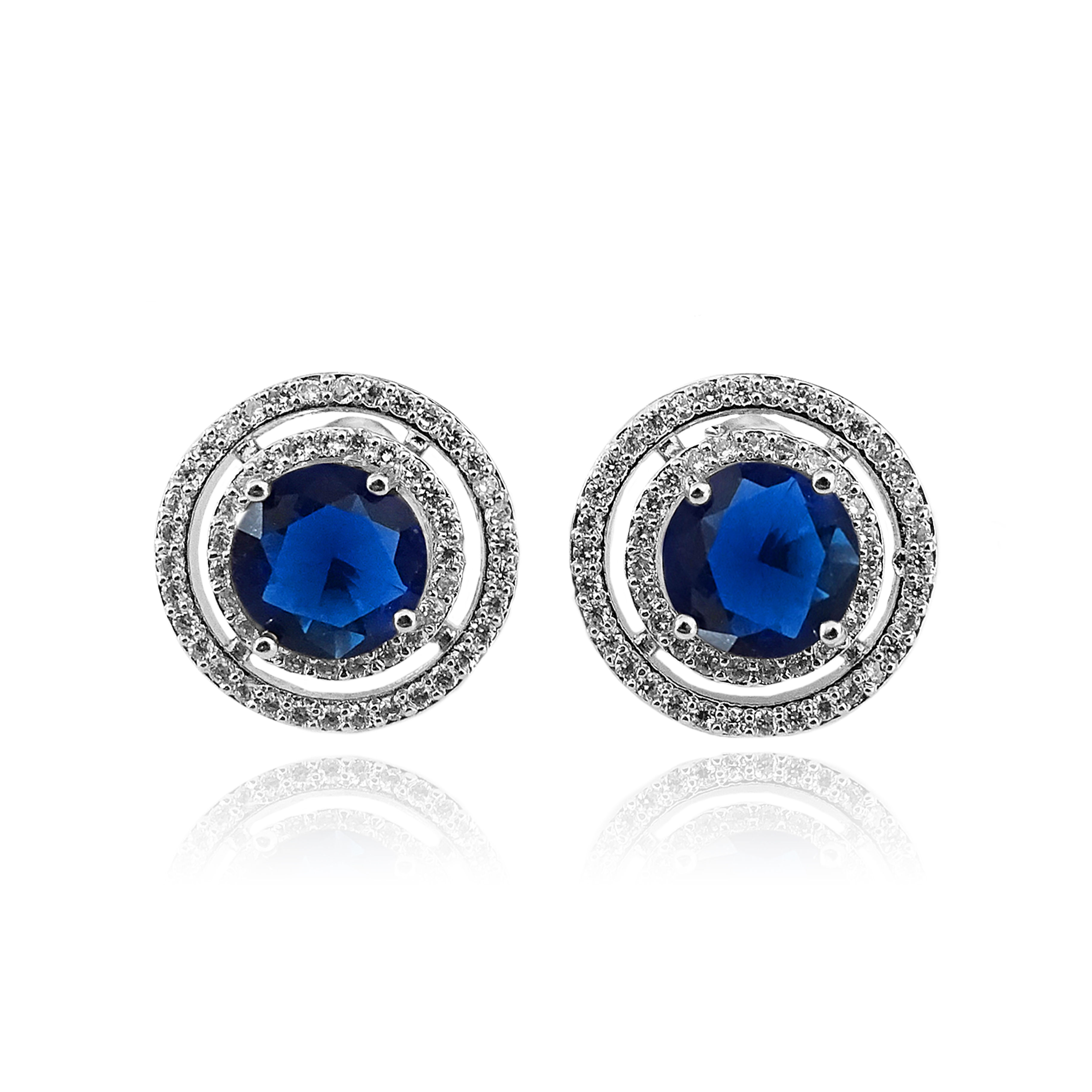 Rhodium Double Halo Sapphire Stone Earrings BJBEJ0512R