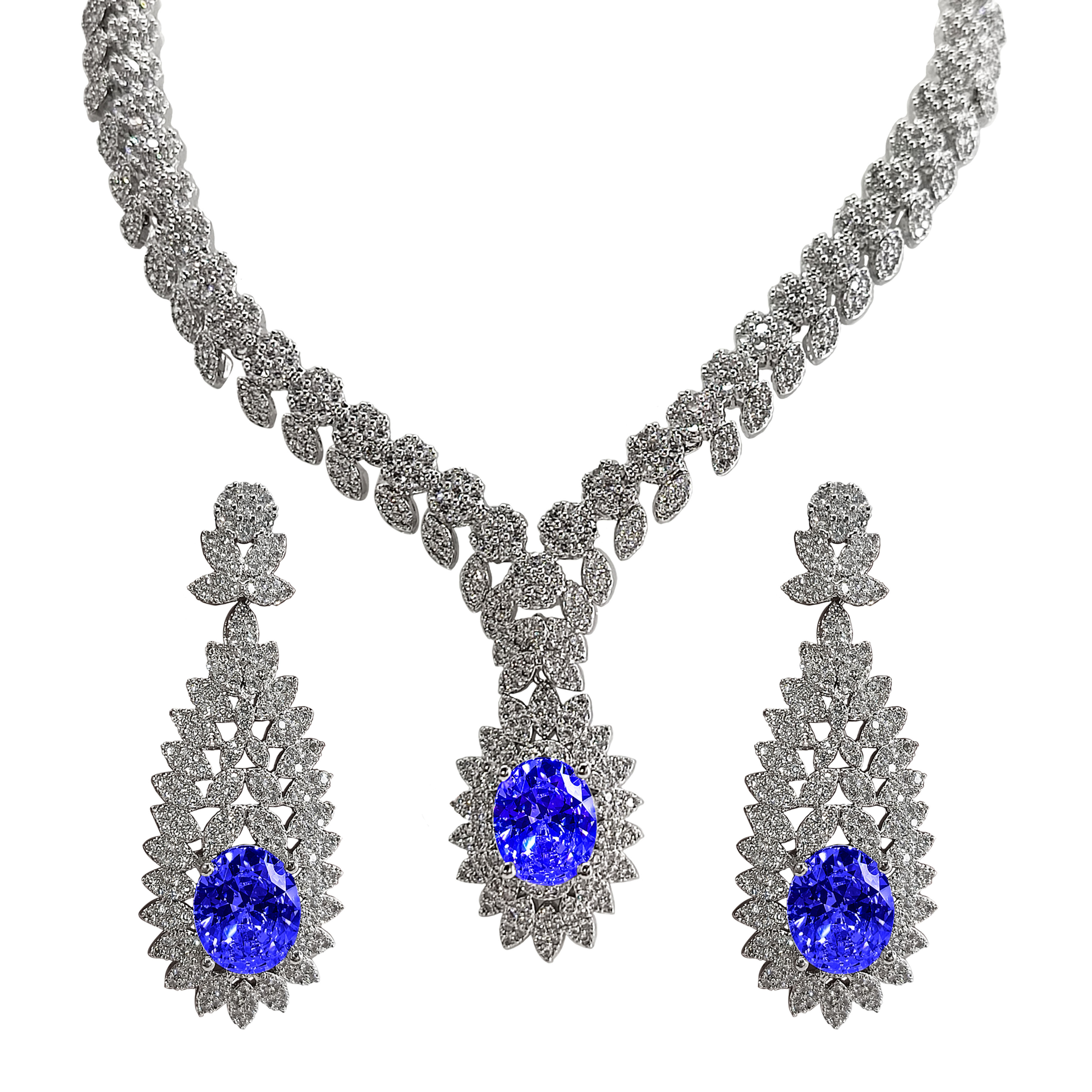Sapphire Diamond Tear Drop Necklace Earring Set BMBBO104R