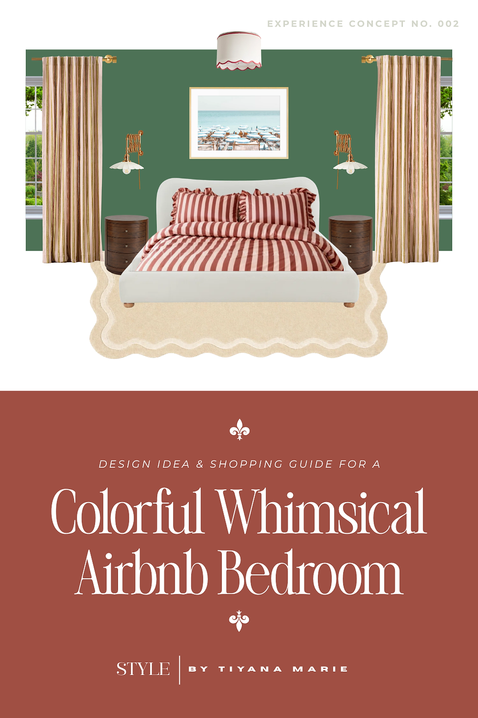 A colorful, whimsical bedroom design with leafy green walls, brick red and pale pink-striped ruffle bedding, and a playful cream scalloped-edge rug.