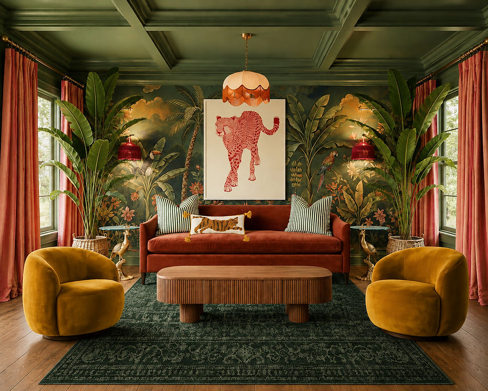 Rendering of a tropical living room with an olive green ceiling and walls, a green jungle mural with tropical animals and leaves, a red velvet sofa, yellow velvet chairs, and framed wall art with a pink cheetah.