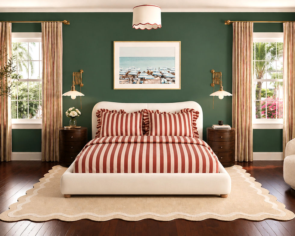 A colorful, whimsical bedroom design with leafy green walls, brick red and pale pink-striped ruffle bedding, and a playful cream scalloped-edge rug.