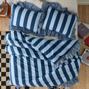 Patterned Ruffle Duvet Cover Set in Blue Multi Stripes