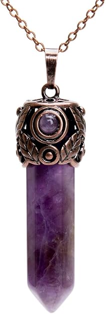 An amethyst pendant necklace held by an elaborate brass piece.