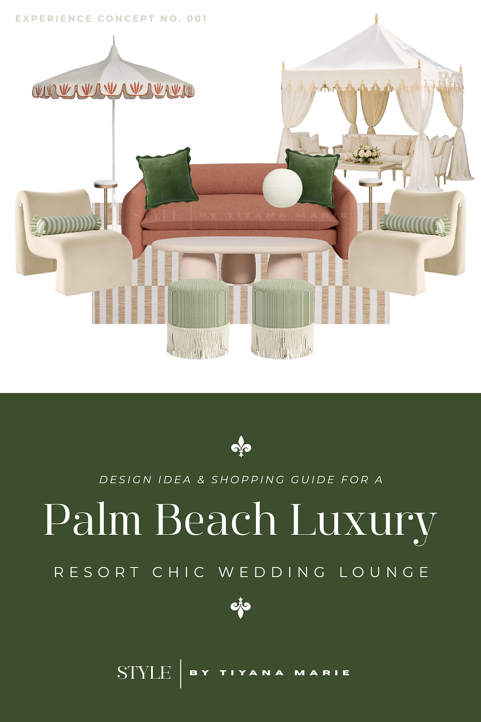 A Palm Beach Wedding Lounge Idea for Airbnb Wedding Venues & Rental Spaces with a coral sofa, geometric beige and white rug, green and white striped ottomans with fringe, and white tent.