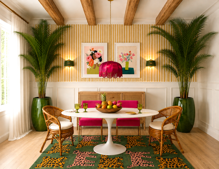 A tropical modern boho dining room with yellow and white striped wallpaper above white waincoting, hot pink and light brown rattan dining chairs, a modern white oval dining table, a green rug with yellow and pink cheetahs, large palm trees on both sides of a rattan sideboard, and rustic wood beams on the ceiling.