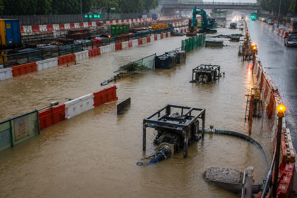 Flooded construction site caused by inadequate temporary pumping capacity during drainage upgrading works