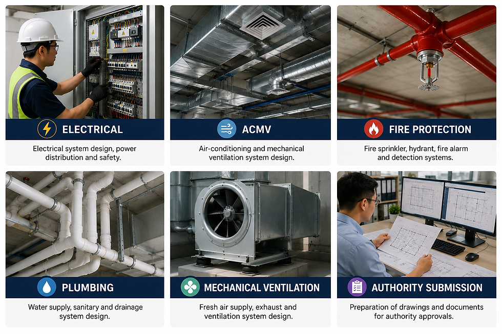 MEP engineering services in Singapore including electrical, ACMV, fire protection, plumbing, mechanical ventilation and authority submission.