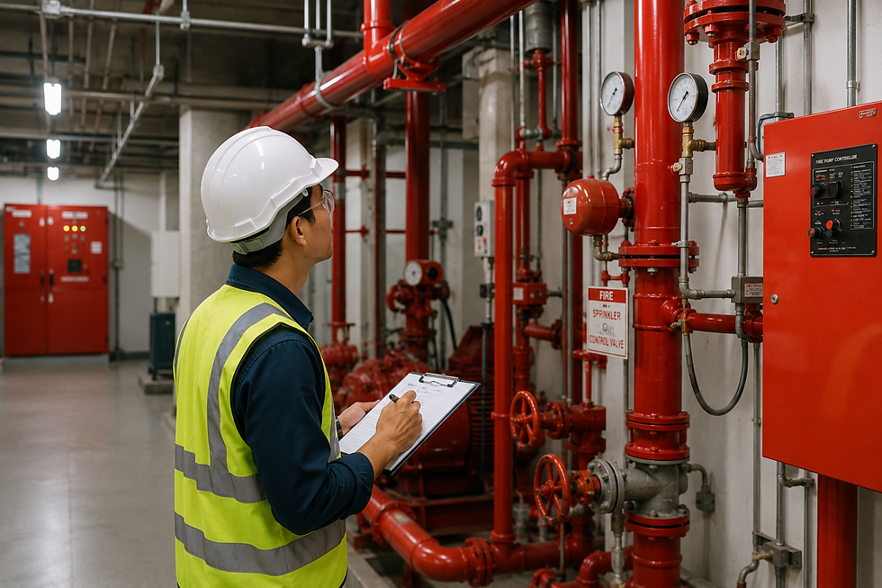 Engineer inspecting fire protection systems during a commercial building feasibility study