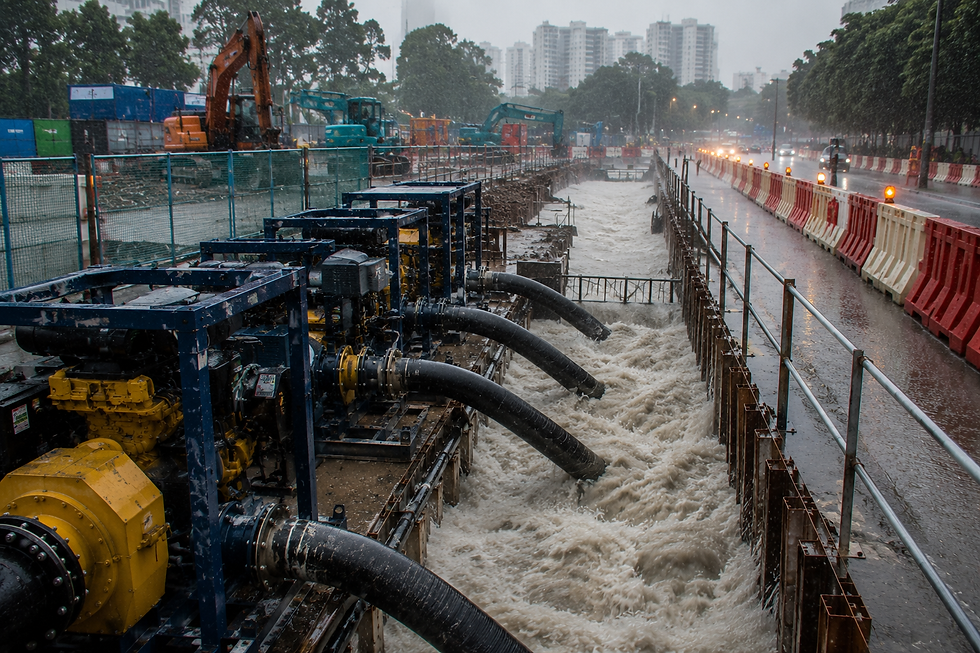 Temporary overpumping system operating during heavy rainfall to manage stormwater flow and reduce flood risk at a construction site