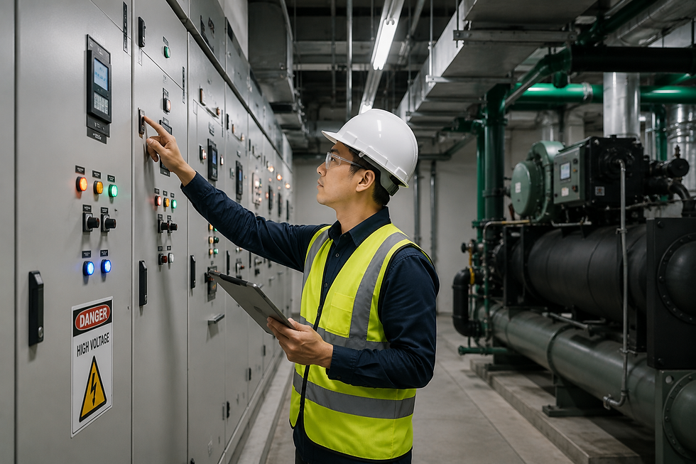 M&E engineer inspecting electrical switchboards and mechanical services inside a commercial building
