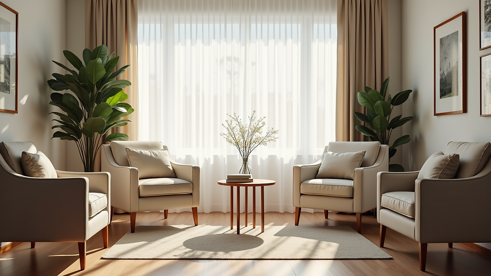 Eye-level view of a serene counseling space with comfortable seating